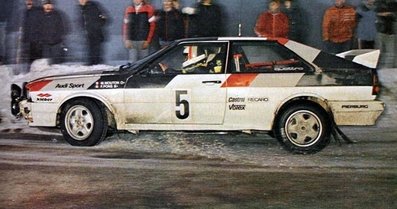 Michèle Mouton - Fabrizia Pons
32º Internacional Rally de Suecia 1982. Audi Quattro (IN-NU 81). Clasificada 5ª.

Del 12 al 14 de Febrero, Karlstad, Suecia.
Superficie: nieve - hielo.

El Rally tenia un total de 1390.00 km de los que 366.51 km divididos en 25 tramos eran especiales (2 de ellas fueron canceladas SS11 Rada de 6 Km y SS14 Klaralven de 8 Km).

Tomaron la salida 116 equipos, finalizaron 68.@
Palabras clave: Michele_Mouton;Fabrizia_Pons;Audi;Quattro;Suecia;grupo_B;nieve;1982;Mujeres;Womens