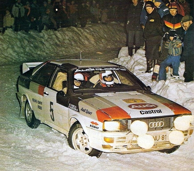 Michèle Mouton - Fabrizia Pons
32º Internacional Rally de Suecia 1982. Audi Quattro (IN-NU 81). Clasificada 5ª.

Del 12 al 14 de Febrero, Karlstad, Suecia.
Superficie: nieve - hielo.

El Rally tenia un total de 1390.00 km de los que 366.51 km divididos en 25 tramos eran especiales (2 de ellas fueron canceladas SS11 Rada de 6 Km y SS14 Klaralven de 8 Km).

Tomaron la salida 116 equipos, finalizaron 68.@
Palabras clave: Michele_Mouton;Audi;Quattro;Suecia;grupo_B;nieve;1982;Mujeres;Womens