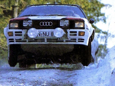 Michèle Mouton - Fabrizia Pons
32º Internacional Rally de Suecia 1982. Audi Quattro (IN-NU 81). Clasificada 5ª.

Del 12 al 14 de Febrero, Karlstad, Suecia.
Superficie: nieve - hielo.

El Rally tenia un total de 1390.00 km de los que 366.51 km divididos en 25 tramos eran especiales (2 de ellas fueron canceladas SS11 Rada de 6 Km y SS14 Klaralven de 8 Km).

Tomaron la salida 116 equipos, finalizaron 68.@
Palabras clave: Michele_Mouton;Audi;Quattro;Suecia;grupo_B;nieve;1982;Mujeres;Womens