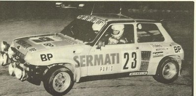 Dany Snobeck - Denise Emmanuelli
50º Rallye Automobile de Monte-Carlo 1982. Renault 5 Turbo (4692 QA 58). Clasificado 6º.

Del 16 al 22 de Enero, Monte Carlo.
Superficie: asfalto - nieve.

El Rally tenia un total de 4082.71 km de los que 747.81 km divididos en 32 tramos eran especiales, (2 de ellas fueron canceladas SS7 Trigance - Chateauvieux 1 de 28,53 Km y SS15 St Jean en Royans - La Chapelle en Vercors de 38,67 Km).

Se inscribieron 306 equipos, tomaron la salida 299, finalizaron 140.@
Palabras clave: Renault;Turbo;Montecarlo;1982