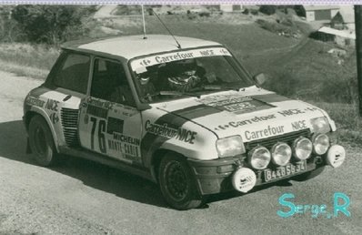 Philippe Touren - Jean-Louis Alric
50º Rallye Automobile de Monte-Carlo 1982. Renault 5 Turbo (8448 SG 34). Clasificado 8º.

Del 16 al 22 de Enero, Monte Carlo.
Superficie: asfalto - nieve.

El Rally tenia un total de 4082.71 km de los que 747.81 km divididos en 32 tramos eran especiales, (2 de ellas fueron canceladas SS7 Trigance - Chateauvieux 1 de 28,53 Km y SS15 St Jean en Royans - La Chapelle en Vercors de 38,67 Km).

Se inscribieron 306 equipos, tomaron la salida 299, finalizaron 140.@
Palabras clave: Renault;Turbo;Montecarlo;1982