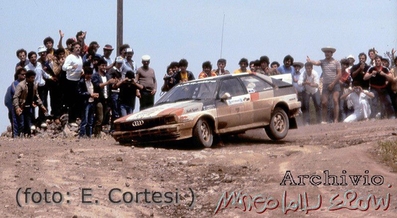 Hannu Mikkola - Arne Hertz
29º Acrópolis Rally 1982. Audi Quattro (IN-NK 54). Abandonó por la suspensión y pérdida de rueda en SS2 Loukissia de 22.54 Km.

Del 31 de Mayo al 3 de Junio, Atenas, Grecia.
Superficie: tierra.

El Rally tení­a un total de 2603.00 km de los que 1004.58 km divididos en 57 tramos eran especiales (dos de ellos fueron cancelados SS10 Moschokaria 1 de 10.00 km y SS38 Killini de 27 Km).

Tomaron la salida 136 equipos, finalizaron 32.

(Foto de 1 de 3)
© Cortesi
@
Palabras clave: ;Audi;Quattro;Grecia;Acropolis;1982;crash