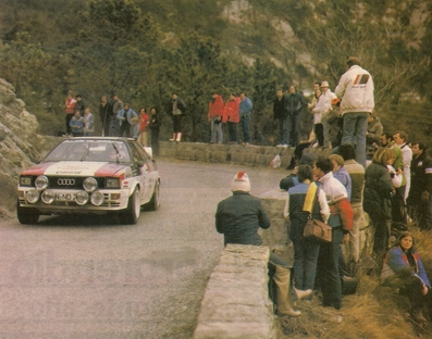 Michèle Mouton - Fabrizia Pons
50º Rallye Automobile de Monte-Carlo 1982. Audi Quattro (IN-ND 21). Abandonó por accidente en SS11 Pont des Miolans - St Auban 1 de 24,28 Km.

Del 16 al 22 de Enero, Monte Carlo.
Superficie: asfalto - nieve.

El Rally tenia un total de 4082.71 km de los que 747.81 km divididos en 32 tramos eran especiales, (2 de ellas fueron canceladas SS7 Trigance - Chateauvieux 1 de 28,53 Km y SS15 St Jean en Royans - La Chapelle en Vercors de 38,67 Km).

Se inscribieron 306 equipos, tomaron la salida 299, finalizaron 140.@
Palabras clave: Michele_Mouton;Audi;Quattro;Montecarlo;1982;Grupo_B