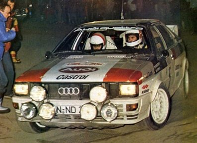 Michèle Mouton - Fabrizia Pons
50º Rallye Automobile de Monte-Carlo 1982. Audi Quattro (IN-ND 21). Abandonó por accidente en SS11 Pont des Miolans - St Auban 1 de 24,28 Km.

Del 16 al 22 de Enero, Monte Carlo.
Superficie: asfalto - nieve.

El Rally tenia un total de 4082.71 km de los que 747.81 km divididos en 32 tramos eran especiales, (2 de ellas fueron canceladas SS7 Trigance - Chateauvieux 1 de 28,53 Km y SS15 St Jean en Royans - La Chapelle en Vercors de 38,67 Km).

Se inscribieron 306 equipos, tomaron la salida 299, finalizaron 140.@
Palabras clave: Michele_Mouton;Fabrizia_Pons;Audi;Quattro;Montecarlo;1982;Grupo_B