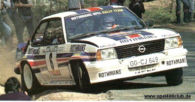 Henri Toivonen - Fred Gallagher
16º Rallye de Portugal Vinho do Porto 1982. Opel Ascona 400 (GG-CJ 649). Abandonó por el embrague en SS35 Lousa 1 de 10.63 Km.

Del 3 al 6 de Marzo, Estoril, Cascais, Lisboa, Portugal.
Superficie: asfalto - tierra.

El Rally tenia un total 2312 km de los que 637.07 km divididos 40 tramos eran especiales.

Se inscribieron 107 equipos, tomaron 91, finalizaron 23.@
Palabras clave: Henri_Toivonen;Opel;Ascona;Portugal;1982