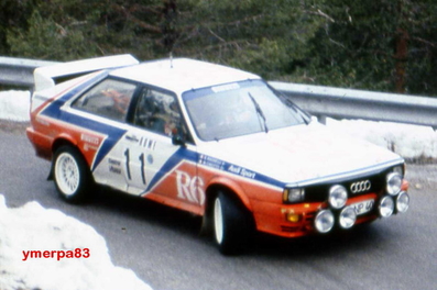 Michele Cinotto - Emilio Radaelli
50º Rallye Automobile de Monte-Carlo 1982. Audi Quattro (IN-NP 40). Abandonó por accidente en SS9 Loda - Lucéram 1 de 16.52 km.

Del 16 al 22 de Enero, Monte Carlo.
Superficie: asfalto - nieve.

El Rally tenia un total de 4082.71 km de los que 747.81 km divididos en 32 tramos eran especiales, (2 de ellas fueron canceladas SS7 Trigance - Chateauvieux 1 de 28,53 Km y SS15 St Jean en Royans - La Chapelle en Vercors de 38,67 Km).

Se inscribieron 306 equipos, tomaron la salida 299, finalizaron 140.@
Palabras clave: Audi;Quattro;Montecarlo;1982