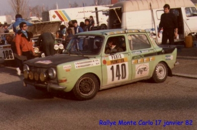 Entressangle - Maisonnat
50º Rallye Automobile de Monte-Carlo 1982. Simca Rallye 2. Abandonó.

Del 16 al 22 de Enero, Monte Carlo.
Superficie: asfalto - nieve.

El Rally tenia un total de 4082.71 km de los que 747.81 km divididos en 32 tramos eran especiales, (2 de ellas fueron canceladas SS7 Trigance - Chateauvieux 1 de 28,53 Km y SS15 St Jean en Royans - La Chapelle en Vercors de 38,67 Km).

Se inscribieron 306 equipos, tomaron la salida 299, finalizaron 140.@
Palabras clave: Simca;Montecarlo;1982;Parque_Cerrado
