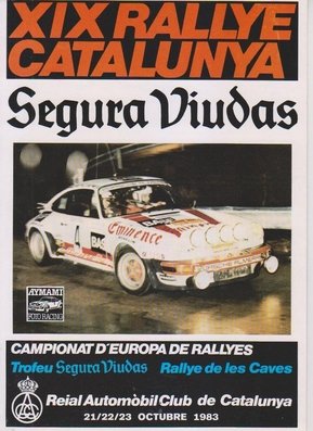 19º Rally Catalunya 1983
Del 21 al 23 de Octubre, Catalunya, España.
Superficie: asfalto.

El Rally tenia un total de 356.90 km cronometrados, desconocemos en cuantos tramos especiales se dividian.

Tomaron la salida 97 equipos, finalizaron 54.

Trofeo Segura Viudas
Campeonato de Europa de Rallyes
Rallye de las Caves
Palabras clave: Catalunya;1983