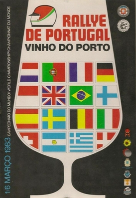 17º Rally de Portugal - Vinho do Porto 1983
Del 2 al 5 de Marzo, Estoril, Lisboa, Portugal.
Supeficie: asfalto - tierra.

El Rally tenia un total de 2325 km de los que 674.50 km divididos en 43 tramos eran especiales (3 de ellos fueron cancelados SS12 Figueira de Foz de 9 Km, SS13 Prestimo de 12,50 Km, SS14 Vouga de 10 Km).

Tomaron la salida 86 equipos, finalizaron 31.
Palabras clave: Portugal;1983;Poster