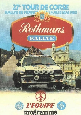 27º Tour de Corse - Rallye de France 1983
Prueba 5 de 12

Ajaccio, Córcega, Francia.
Superficie: asfalto.

El Rally tenia un total de 1715.10 km de los que 1066.10 km divididos en 32 tramos eran especiales.

Tomaron la salida 178 equipos, finalizaron 57.
Palabras clave: Corcega;Grupo_B;1983;Corse