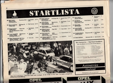 33º International Swedish Rally (Suecia) 1983
Lista de inscritos (4)

Del 11 al 13 de Febrero, Karlstad, Suecia.
Superficie: nieve - hielo.

El Rally tenia un total de 1505.00 km de los que 476.10 km divididos en 25 tramos eran especiales (uno de ellas fue cancelada SS12 Radasjon de 6 Km).

Se inscribieron 137 equipos, tomaron la salida 137, finalizaron 67.
Palabras clave: Suecia;1983;Inscritos