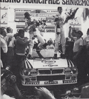 Markku Alén - Ilkka Kivimäki
25º Rallye Sanremo 1983. Lancia Rally 037 (TO X98907). Clasificado 1º.

Del 2 al 7 de Octubre, Sanremo, Liguria, Imperia, Italia.
Superficie: Asfalto - tierra

El Rally tenia un total de 2695.00 km de los que 775.89 km divididos en 58 tramos, eran especiales.

Se inscribieron 97 equipos, tomaron la salida 97, finalizaron 36.@
Palabras clave: Markku_Alen;Lancia;Rally;Sanremo;1983;Grupo_B;Personajes