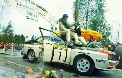 Hannu Mikkola - Arne Hertz
33º 1000 Lakes Rally 1983. Audi Quattro A2 (IN-NL 12). Clasificado 1º.

Del 26 al 28 de Agosto, Jyväskylä, Finlandia.
Superficie: tierra.

El Rally tenia un total de 1461.00 km de los que 472.63 km divididos en 50 tramos, eran especiales.

Se inscribieron 180 equipos, tomaron la salida 174, finalizaron 71.@
Palabras clave: ;Audi;Quattro;Finlandia;1983;Grupo_B