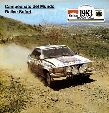 Ari Vatanen - Terry Harryman
31º Marlboro Safari Rally 1983. Opel Ascona 400 (GG-CJ 649). Clasificado 1º.

Del 30 de Marzo al 4 de Abril, Nairobi, Kenya, África.
Superficie: tierra.

El Rally tenia un total de 5035 km en los que 1620.95 km se encontraban 26 controles horarios.

Tomaron la salida 78 equipos, finalizaron 22.@
Palabras clave: ;Opel;Ascona;Grupo_B;Safari;1983