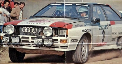 Hannu Mikkola - Arne Hertz
17º Rallye de Portugal - Vinho do Porto 1983. Audi Quattro A1 (IN-NM 62). Clasificado 1º.

Del 2 al 5 de Marzo, Estoril, Lisboa, Portugal.
Supeficie: asfalto - tierra.

El Rally tenia un total de 2325 km de los que 674.50 km divididos en 43 tramos eran especiales (3 de ellos fueron cancelados SS12 Figueira de Foz de 9 Km, SS13 Prestimo de 12,50 Km, SS14 Vouga de 10 Km).

Tomaron la salida 86 equipos, finalizaron 31.@
Palabras clave: ;Audi;Quattro;Portugal;Grupo_B;1983