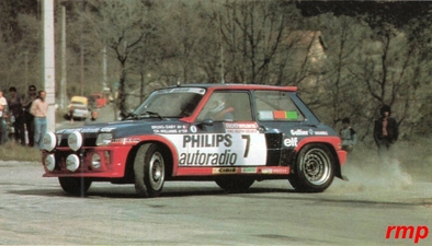 Bruno Saby - Chris Williams
26º Critérium Alpin - Behra 1983. Renault 5 Turbo Tour de Corse. Clasificado 1º.

Del 8 al 10 de Abril, Nice, Grasse, Alpes-Maritimos, Riviera Francesa, Francia.
Superficie: asfalto.

Desconocemos de cuantos kilómetros tanto totales como cronometrados constaba la prueba.

Tomaron la salida 147 equipos, finalizaron 67.@
Palabras clave: Renault;Turbo;Grupo_B;Criterium_Alpin-Behra;1983