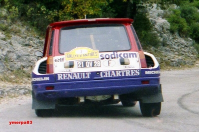 Jean-Luc Thérier - Michel Vial
18º Rallye International d'Antibes 1983. Renault 5 Turbo Tour de Corse (21 QV 28). Clasificado 1º.

Del 13 al 15 de Octubre, Antibes, Alpes Marítimos, Provenza-Alpes-Costa Azul, Francia.
Superficie: asfalto.

El Rallye tenia un total de 513.00 km cronometrados.
Desconocemos en cuantos tramos especiales se dividian.

Tomaron la salida 153 equipos, finalizaron 69.@
Palabras clave: Renault;Turbo;Grupo_B;Antibes;1983