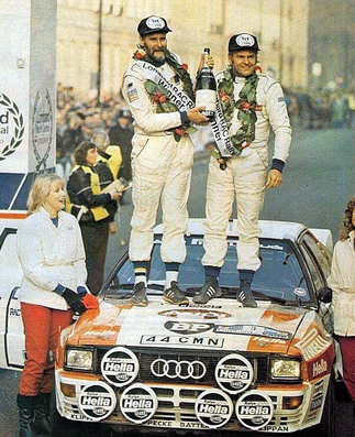 Stig Blomqvist - Bjorn Cederberg
32º Lombard RAC Rally 1983. Audi Quattro A2 (44 CMN). Clasificado 1º.

Del 19 al 22 de Noviembre, Bath, Inglaterra.
Superficie: tierra.

El Rally tenia un total de 2231 km de los que 835.33 km divididos en 59 tramos eran especiales, (2 de ellas fueron canceladas SS22 Wark de 38.14 Km y SS41).

Se inscribieron 139 equipos, tomaron la salida 127, finalizaron 61.@
Palabras clave: Stig_Blomqvist;Audi;Quattro;Gran_Bretaña;Grupo_B;1983;RAC_Rally;Personajes;Inglaterra