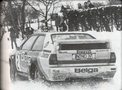 Marc Duez - Willy Lux
26º Boucles de Spa - Monopole 1983. Audi Quattro A1 (IN-ND 37). Clasificado 1º.

Del 4 al 6 de Febrero, Spa, Lieja, Belgica.
Superficie: asfalto.

El Rally tenia un total de 545.00 km cronometrados.
Desconocemos en cuantos tramos especiales se dividían.

Tomaron la salida 90 equipos, finalizaron 23.@
Palabras clave: Audi;Quattro;Grupo_B;Boucles_Spa;Belgica;1983;nieve