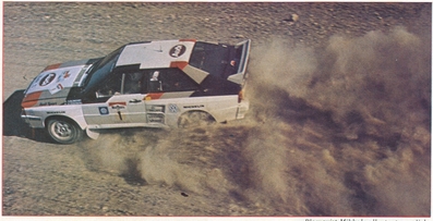 Stig Blomqvist - Björn Cederberg
3º Marlboro Rally Argentina San Carlos de Bariloche 1983. Audi Quattro A2 (IN-NH 74). Clasificado 2º.

A 189.53 km/h de media, es la marca oficial que estableció Stig Blomqvist en un record que perdura hasta la actualidad.
Los rallyes nunca habí­an sido tan rápidos ni se habí­a ido tan a fondo.

Concretamente esto sucedió en la primera especial, la que uní­a Fray Louis Beltran y Valle Azul
de 81.50 km de recorrido.

Algunos pilotos que salí­an mas atrás, como Di Palma que llevaba el quinto Audi oficial (en este caso alquilado), tuvieron incluso la posibilidad de superar a 27 pilotos en pleno tramo.

Apenas con tres o cuatro curvas, dicha especial se realizaba con el hierro a fondo y fe en Dios... y mas en el caso de Stig, que debí­a confiar en las notas de Mikkola, ya que él no hab­ia podido realizar los reconocimientos.

Del 2 al 6 de Agosto, Buenos Aires, San Carlos de Bariloche, Argentina.
Superficie: tierra.

El Rally tenia un total de 3244.00 Km de los que 1254.34 divididos en 18 tramos eran especiales.

Habían 3 tramos de mas de 100 Km cronometrados:
SS3 Zapala - Rahue de 108.60 Km
SS9 Cholila - Esquel de 106.30 Km
SS12 Norquinco - Pilcaniyeu de 104.60 Km.

Tomaron la salida 94 equipos, finalizaron 27.
@
Palabras clave: Stig_Blomqvist;Audi;Quattro;Argentina;1983