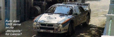 Markku Alén - Ilkka Kivimäki
30º Rothmans Acropolis Rally 1983. Lancia Rally 037. Clasificado 2º.

Del 30 de Mayo al 2 de Junio, Atenas, Grecia.
Superficie: tierra.

El Rally tenia un total de 2264 km de los que 843.30 km divididos en 45 tramos eran especiales, (uno de ellos fue cancelado SS22 Tsouka de 6.57 km).

Tomaron la salida 120 equipos, finalizaron 36.@
Palabras clave: Markku_Alen;Lancia;Rally;Grupo_B;Grecia;1983;Acropolis