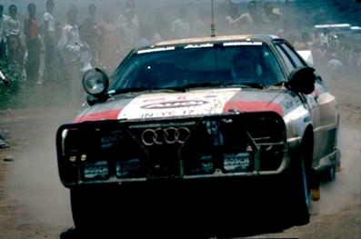 Hannu Mikkola - Arne Hertz
31º Marlboro Safari Rally 1983. Audi Quattro A1 (IN-YC 17). Clasificado 2º.

Del 30 de Marzo al 4 de Abril, Nairobi, Kenya, África.
Superficie: tierra.

El Rally tenia un total de 5035 km en los que 1620.95 km se encontraban 26 controles horarios.

Tomaron la salida 78 equipos, finalizaron 22.@
Palabras clave: ;Audi;Quattro;Grupo_B;Safari;1983