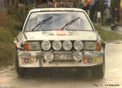 Jimmy McRae - Ian Grindrod
44º Rothmans Circuit of Ireland Rally 1983. Opel Ascona 400 (GG-CJ 690). Clasificado 3º.

Del 1 al 5 de Abril, Belfast, Irlanda del Norte.

El Rally tenia un total de 864.82 Km cronometrados divididos en 5 etapas y 54 tramos eran especiales (2 de ellos fueron cancelados SS34 Glen Ellen de 13.26 km y SS41 Ballybuck de 17.28km).

Tomaron la salida 105 equipos, finalizaron 34.@
Palabras clave: Jimmy_McRae;Opel;Ascona;Grupo_B;Circuit_Ireland;Irlanda;1983