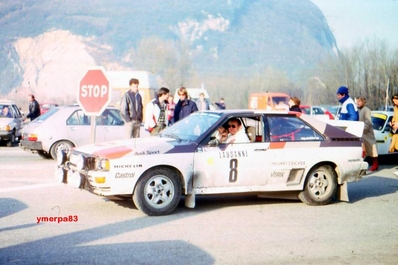 Stig Blomqvist - Bjorn Cederberg
51º Rallye Automobile de Monte-Carlo 1983. Audi Quattro A1 (IN-NV 84). Clasificado 3º.

Del 22 al 28 de Enero, Monte-Carlo.
Superficie: asfalto - nieve.

RMC clasificó a todos los equipos que terminaron el "Parcours Commun" (después de SS21).
De los 150 equipos, solo los 100 mejores pudieron competir en el último tramo "Parcours Final".
Los equipos que no completaron todas las etapas recibieron tiempos de penalización, incluso para aquellos que no terminaron el último tramo.
86 equipos completaron todo el rally, dos fueron descalificados.

El Rally tenia un total de 4197 km de los que 709 km divididos en 31 tramos eran especiales, (2 de ellas fue canceladas SS6 Pont des Miolans de 22 Km y SS15 St Jeans en Royans de 38 Km).

Se inscribieron 263 equipos, tomaron la salida 250, finalizaron 149.
@
Palabras clave: Stig_Blomqvist;Audi;Quattro;Grupo_B;Montecarlo;1983;Personajes