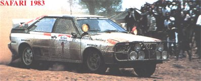 Michèle Mouton - Fabrizia Pons
31º Marlboro Safari Rally 1983. Audi Quattro A1 (IN-YC 19). Clasificada 3ª.

Del 30 de Marzo al 4 de Abril, Nairobi, Kenya, África.
Superficie: tierra.

El Rally tenia un total de 5035 km en los que 1620.95 km se encontraban 26 controles horarios.

Tomaron la salida 78 equipos, finalizaron 22.@
Palabras clave: Michele_Mouton;Fabrizia_Pons;Audi;Quattro;Grupo_B;Safari;1983;Womens;Mujeres