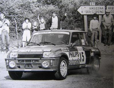 Bruno Saby - Chris Williams
27º Tour de Corse - Rallye de France 1983. Renault 5 Turbo "Tour de Corse" (6711 WE 38). Clasificado 5º.

Del 5 al 7 de Mayo, Ajaccio, Córcega, Francia.
Superficie: asfalto.

El Rally tenia un total de 1715.10 km de los que 1066.10 km divididos en 32 tramos eran especiales.

Tomaron la salida 178 equipos, finalizaron 57.@
Palabras clave: ;Corse;Corcega;renault;Turbo;Grupo_B;1983