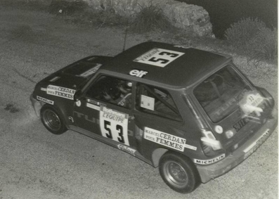 Jean-Michel Guyot - Jacques Raspaud
27º Tour de Corse - Rallye de France 1983. Renault 5 Turbo (3011 DF 66). Clasificado 10º.

Del 5 al 7 de Mayo, Ajaccio, Córcega, Francia.
Superficie: asfalto.

El Rally tenia un total de 1715.10 km de los que 1066.10 km divididos en 32 tramos eran especiales.

Tomaron la salida 178 equipos, finalizaron 57.@
Palabras clave: Renault;Turbo;Grupo_B;Corcega;1983;Corse
