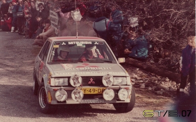 André Jetten - Hans Brinkman
51º Rallye de Monte-Carlo 1983. Mitsubishi Lancer 2000 Turbo. Clasificado 28º.

Del 22 al 28 de Enero, Monte-Carlo.
Superficie: asfalto - nieve.

RMC clasificó a todos los equipos que terminaron el 