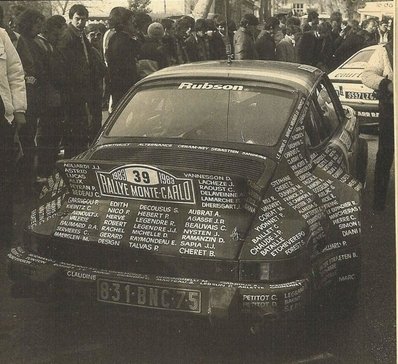 Thierry Perrier - Jacques Porteron
51º Rallye Automobile de Monte-Carlo 1983. Porsche 911 SC (831 BNC 75). Clasificado 51º.

Del 22 al 28 de Enero, Monte-Carlo.
Superficie: asfalto - nieve.

RMC clasificó a todos los equipos que terminaron el "Parcours Commun" (después de SS21).
De los 150 equipos, solo los 100 mejores pudieron competir en el último tramo "Parcours Final".
Los equipos que no completaron todas las etapas recibieron tiempos de penalización, incluso para aquellos que no terminaron el último tramo.
86 equipos completaron todo el rally, dos fueron descalificados.

El Rally tenia un total de 4197 km de los que 709 km divididos en 31 tramos eran especiales, (2 de ellas fue canceladas SS6 Pont des Miolans de 22 Km y SS15 St Jeans en Royans de 38 Km).

Se inscribieron 263 equipos, tomaron la salida 250, finalizaron 149.@
Palabras clave: Porsche;Montecarlo;1983