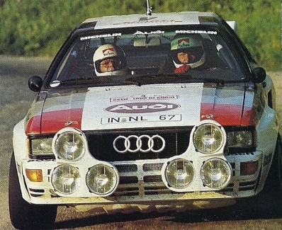 Hannu Mikkola - Arne Hertz
27º Tour de Corse - Rallye de France 1983. Audi Quattro A2 (IN-NL 67). Abandonó por accidente en SS23 Plaine de Peri - Capigliolo de 35.60 Km.

Del 5 al 7 de Mayo, Ajaccio, Córcega, Francia.
Superficie: asfalto.

El Rally tenia un total de 1715.10 km de los que 1066.10 km divididos en 32 tramos eran especiales.

Tomaron la salida 178 equipos, finalizaron 57.@
Palabras clave: ;Audi;Quattro;Corcega;Grupo_B;1983;Corse