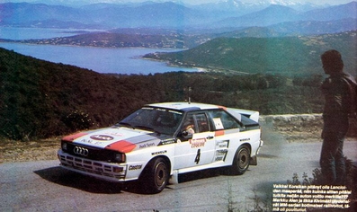 Hannu Mikkola - Arne Hertz
27º Tour de Corse - Rallye de France 1983. Audi Quattro A2 (IN-NL 67). Abandonó por accidente en SS23 Plaine de Peri - Capigliolo de 35.60 Km.

Del 5 al 7 de Mayo, Ajaccio, Córcega, Francia.
Superficie: asfalto.

El Rally tenia un total de 1715.10 km de los que 1066.10 km divididos en 32 tramos eran especiales.

Tomaron la salida 178 equipos, finalizaron 57.@
Palabras clave: ;Audi;Quattro;Corcega;Grupo_B;1983;Corse