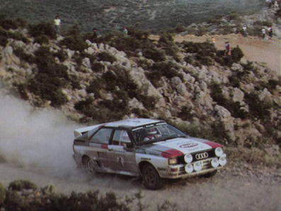 Hannu Mikkola - Arne Hertz
30º Acrópolis Rally 1983. Audi Quattro A2 (IN-NM 27). Abandonó por motor en SS37 Theoktisto de 19,68 Km.

Del 30 de Mayo al 2 de Junio, Atenas, Grecia.
Superficie: tierra.

El Rally tenia un total de 2264 km de los que 843.30 km divididos en 45 tramos eran especiales, (uno de ellos fue cancelado SS22 Tsouka de 6.57 km).

Tomaron la salida 120 equipos, finalizaron 36.@
Palabras clave: ;Audi;Quattro;Grupo_B;Acropolis;Grecia;1983