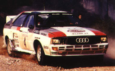 Hannu Mikkola - Arne Hertz
30º Acrópolis Rally 1983. Audi Quattro A2 (IN-NM 27). Abandonó por motor en SS37 Theoktisto de 19,68 Km.

Del 30 de Mayo al 2 de Junio, Atenas, Grecia.
Superficie: tierra.

El Rally tenia un total de 2264 km de los que 843.30 km divididos en 45 tramos eran especiales, (uno de ellos fue cancelado SS22 Tsouka de 6.57 km).

Tomaron la salida 120 equipos, finalizaron 36.@
Palabras clave: ;Audi;Quattro;Grupo_B;Acropolis;Grecia;1983