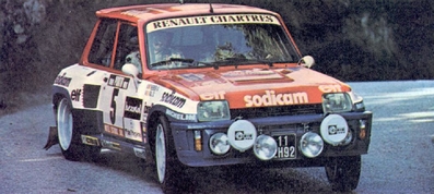 Jean-Luc Thérier - Michel Vial
17º Rally de Portugal - Vinho do Porto 1983. Renault 5 Turbo (11 LH 92). Abandonó por la suspensión del coche en SS21 São Lourenço 2 de 27.00 km.

Del 2 al 5 de Marzo, Estoril, Lisboa, Portugal.
Supeficie: asfalto - tierra.

El Rally tenia un total de 2325 km de los que 674.50 km divididos en 43 tramos eran especiales (3 de ellos fueron cancelados SS12 Figueira de Foz de 9 Km, SS13 Prestimo de 12,50 Km, SS14 Vouga de 10 Km).

Tomaron la salida 86 equipos, finalizaron 31.@
Palabras clave: ;Renault;Turbo;Grupo_B;Portugal;1983