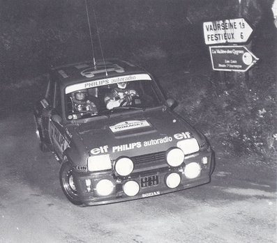 Bruno Saby - Françoise Sappey
42º Tour de France Automobile 1983. Renault 5 Turbo Tour de Corse (6711 WE 38). Abandonó por rotura de turbo en SS28 Font Belle de 21.50 km.

Del 19 al 23 Septiembre, Paris, Nice, Francia.
Superficie: asfalto.

El Rally tenia un total de 2800.00 km de los que 630.00 km divididos en 3 etapas y 32 tramos eran especiales (uno de ellos fue cancelado SS27 Col du Noyer).

Tomaron la salida 84 equipos, finalizaron 37.@
Palabras clave: Renault;Turbo;Grupo_B;Tour_France_Automobile;1983