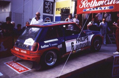 Bruno Saby - Françoise Sappey
42º Tour de France Automobile 1983. Renault 5 Turbo Tour de Corse (6711 WE 38). Abandonó por rotura de turbo en SS28 Font Belle de 21.50 km.

Del 19 al 23 Septiembre, Paris, Nice, Francia.
Superficie: asfalto.

El Rally tenia un total de 2800.00 km de los que 630.00 km divididos en 3 etapas y 32 tramos eran especiales (uno de ellos fue cancelado SS27 Col du Noyer).

Tomaron la salida 84 equipos, finalizaron 37.@
Palabras clave: Renault;Turbo;Grupo_B;Tour_France_Automobile;1983;Parque_Cerrado