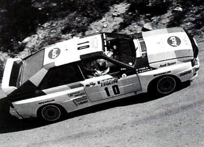 Michèle Mouton - Fabrizia Pons
27º Tour de Corse - Rallye de France 1983. Audi Quattro A2 (IN-NT 49). Abandonó por fuego en SS27 Zigliara - Arguista 2 de 28.60 Km.

Del 5 al 7 de Mayo, Ajaccio, Córcega, Francia.
Superficie: asfalto.

El Rally tenia un total de 1715.10 km de los que 1066.10 km divididos en 32 tramos eran especiales.

Tomaron la salida 178 equipos, finalizaron 57.@
Palabras clave: Michele_Mouton;Corcega;Audi;Quattro;Grupo_B;1983;Corse