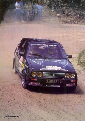 Olivier Tabatoni - Michel Cadier
27º Tour de Corse - Rallye de France 1983. Citroën Visa Chrono. Abandonó, desconocemos el motivo y en que especial SS.

Del 5 al 7 de Mayo, Ajaccio, Córcega, Francia.
Superficie: asfalto.

El Rally tenia un total de 1715.10 km de los que 1066.10 km divididos en 32 tramos eran especiales.

Tomaron la salida 178 equipos, finalizaron 57.@
Palabras clave: Citroen;Visa;Grupo_B;Corse;Corcega;1983