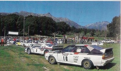 27º Tour de Corse - Rallye de France 1983
Parque Cerrado

10# Audi Quattro A2 (IN-NT 49) de Michèle Mouton - Fabrizia Pons, abandonó por fuego en SS27 Zigliara - Arguista 2 de 28.60 Km.

9# Lancia Rally 037 (TO Y88744) de Markku Alén - Ilkka Kivimaki, clasificado 1º.

Podemos ver también el Audi Quattro A2 #4 (IN-NL 67) de Hannu Mikkola - Arne Hertz, abandonó por accidente en SS23 Plaine de Peri - Capigliolo de 35.60 Km.

Y el 2# Renault 5 Turbo Tour de Corse (1465 XD 91) de Jean Ragnotti - Jean-Marc Andrié, abandonó al chocar con una vaca en SS15 Chiatra - Ponte Nuovo de 64.80 km.

Del 5 al 7 de Mayo, Ajaccio, Córcega, Francia.
Superficie: asfalto.

El Rally tenia un total de 1715.10 km de los que 1066.10 km divididos en 32 tramos eran especiales.

Tomaron la salida 178 equipos, finalizaron 57.
Palabras clave: Parque_Cerrado;Corse;Corcega;Lancia;Rally;Grupo_B;Renault;Audi;1983