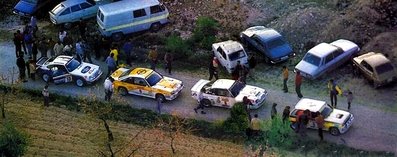 32º Rally RACE - Costa Blanca 1984
#5 - Genito Ortiz - Guillermo Barreras, Renault 5 Turbo (M-9768-EV) Abandonó por motor.

#6 - Salvador Servia - Jordi Sabater, Opel Manta 400. Abandonó por motor en SS23.

#9 - Juan Carlos Oñoro - José López Orozco, Opel Manta 400. Clasificado 6º.

#10 - Beny Fernández - José Luis Salas, Porsche 911 SC RS. Clasificado 3º.

Del 17 al 19 de Marzo, Alicante, España.
Superficie: asfalto.

El Rally tenía un total de 398.61 km cronometrados.

Tomaron la salida 98 equipos, finalizaron 48.

(La foto pertenece al número 33 de la revista Motor16 extra de verano 1984).
Palabras clave: Genito_Ortiz;Salvador_Servia;Juan-Carlos_Oñoro;Beny_Fernandez;Grupo_B;Porsche;Renault;Turbo;Opel;Manta;RACE;Costa_Blanca