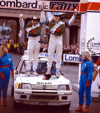 Ari Vatanen - Terry Harryman
33º Lombard RAC Rally 1984. Peugeot 205 T16, (128 FBL 75). Clasificado 1º.

Del 25 al 29 de Noviembre, Chester, Cheshire, Inglaterra, Reino Unido.
Superficie: tierra.

El Rally tenia un total de 3232.00 km de los que 868.54 km divididos en 56 tramos eran especiales.

Se inscribieron 124 equipos, tomaron la salida 119, finalizaron 52.@
Palabras clave: ;Peugeot;Turbo;Grupo_B;1984;RAC_Rally;Inglaterra