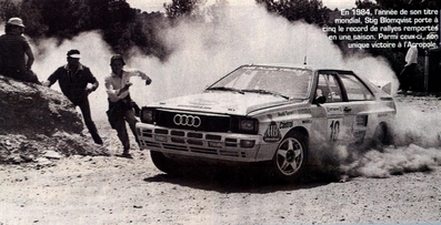 Stig Blomqvist - Björn Cederberg
31º Rothmans Acropolis Rally 1984. Audi Quattro A2 (IN-YD 29). Clasificado 1º.

Del 26 al 31 de Mayo, Atenas, Grecia.
Superficie: tierra.

El Rally tení­a un total de 2265 km, de los que 796.62 km divididos en 47 tramos eran especiales.

Tomaron la salida 104 equipos, finalizaron 32.@
Palabras clave: Stig_Blomqvist;Audi;Quattro;Grecia;Acropolis;1984;Grupo_B