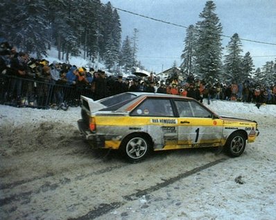 Walter Röhrl - Christian Geistdörfer
52º Rallye Automobile de Monte-Carlo 1984. Audi Quattro A2 (IN-NX 47). Clasificado 1º.

Del 21 al 27 de Enero, Monte-Carlo.
Superficie: asfalto - nieve.

El Rally tenia un total de 3328.90 km de los que 753.20 km divididos en 30 tramos eran especiales, (4 de ellas fueron cancxeladas SS3 St Jean en Royans de 39 Km, SS11 Les Savoyons - Sigoyer de 32 Km, SS12 Pont sur Barrage du Sautet de 18,40 Km, SS13 Chateau d'Ancelle - La Batie Neuve de 11,20 Km).

Se inscribieron 222 equipos, tomaron la salida 209, finalizaron 120.@
Palabras clave: Walter_Röhrl;Christian_Geistdorfer;Audi;Quattro;Grupo_B;Montecarlo;1984;Nieve