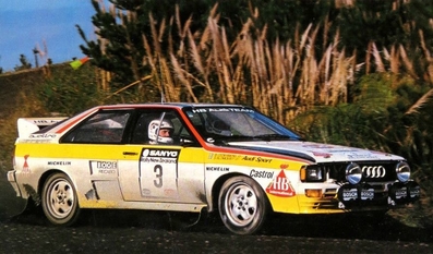 Stig Blomqvist - Björn Cederberg
14º Sanyo Rally of New Zealand 1984. Audi Quattro A2 (IN-NJ 5). Clasificado 1º.

Del 23 al 26 de Junio, Auckland, Nueva Zelanda.
Superficie: tierra.

El Rally tenia un total de 2626 km de los que 1044 km divididos en 45 tramos eran especiales.

Tomaron la salida 63 equipos, finalizaron 35.@
Palabras clave: Stig_Blomqvist;Audi;Quattro;Grupo_B;1984