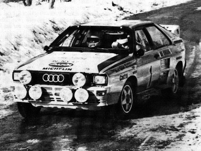 Walter Röhrl - Christian Geistdörfer
52º Rallye Automobile de Monte-Carlo 1984. Audi Quattro A2 (IN-NX 47). Clasificado 1º.

Del 21 al 27 de Enero, Monte-Carlo.
Superficie: asfalto - nieve.

El Rally tenia un total de 3328.90 km de los que 753.20 km divididos en 30 tramos eran especiales, (4 de ellas fueron cancxeladas SS3 St Jean en Royans de 39 Km, SS11 Les Savoyons - Sigoyer de 32 Km, SS12 Pont sur Barrage du Sautet de 18,40 Km, SS13 Chateau d'Ancelle - La Batie Neuve de 11,20 Km).

Se inscribieron 222 equipos, tomaron la salida 209, finalizaron 120.@
Palabras clave: Walter_Röhrl;Audi;Quattro;Grupo_B;Montecarlo;1984;Nieve