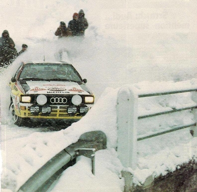 Walter Röhrl - Christian Geistdörfer
52º Rallye Automobile de Monte-Carlo 1984. Audi Quattro A2 (IN-NX 47). Clasificado 1º.

Del 21 al 27 de Enero, Monte-Carlo.
Superficie: asfalto - nieve.

El Rally tenia un total de 3328.90 km de los que 753.20 km divididos en 30 tramos eran especiales, (4 de ellas fueron cancxeladas SS3 St Jean en Royans de 39 Km, SS11 Les Savoyons - Sigoyer de 32 Km, SS12 Pont sur Barrage du Sautet de 18,40 Km, SS13 Chateau d'Ancelle - La Batie Neuve de 11,20 Km).

Se inscribieron 222 equipos, tomaron la salida 209, finalizaron 120.@
Palabras clave: Walter_Röhrl;Audi;Quattro;Grupo_B;Montecarlo;1984;Nieve